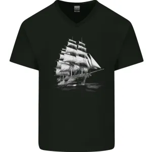 A Classic Sailing Ship Sailor Captain Navy Mens V-Neck Cotton T-Shirt