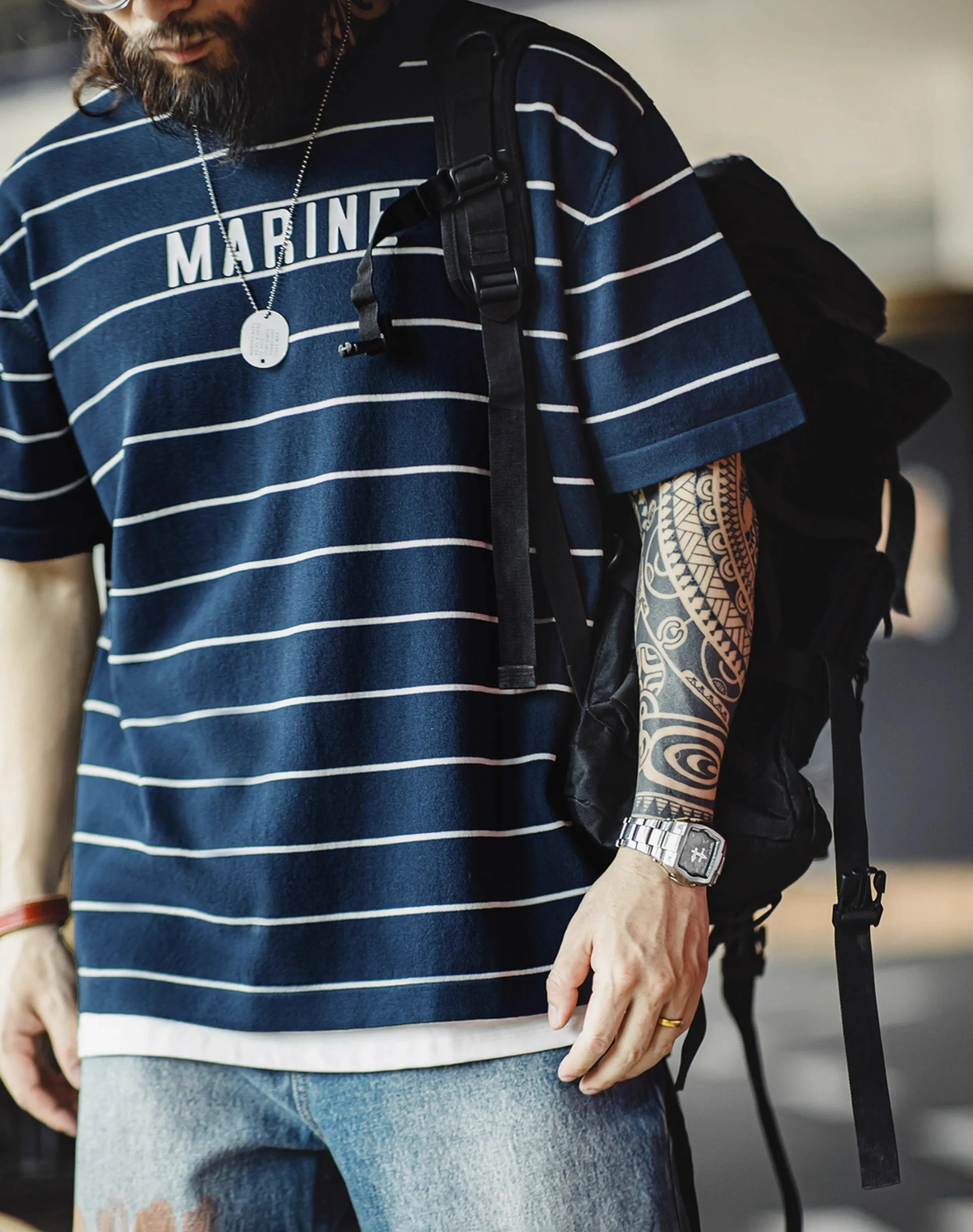 American Retro Contrast Letter Print Half-Sleeved Sailor Men's T-Shirt