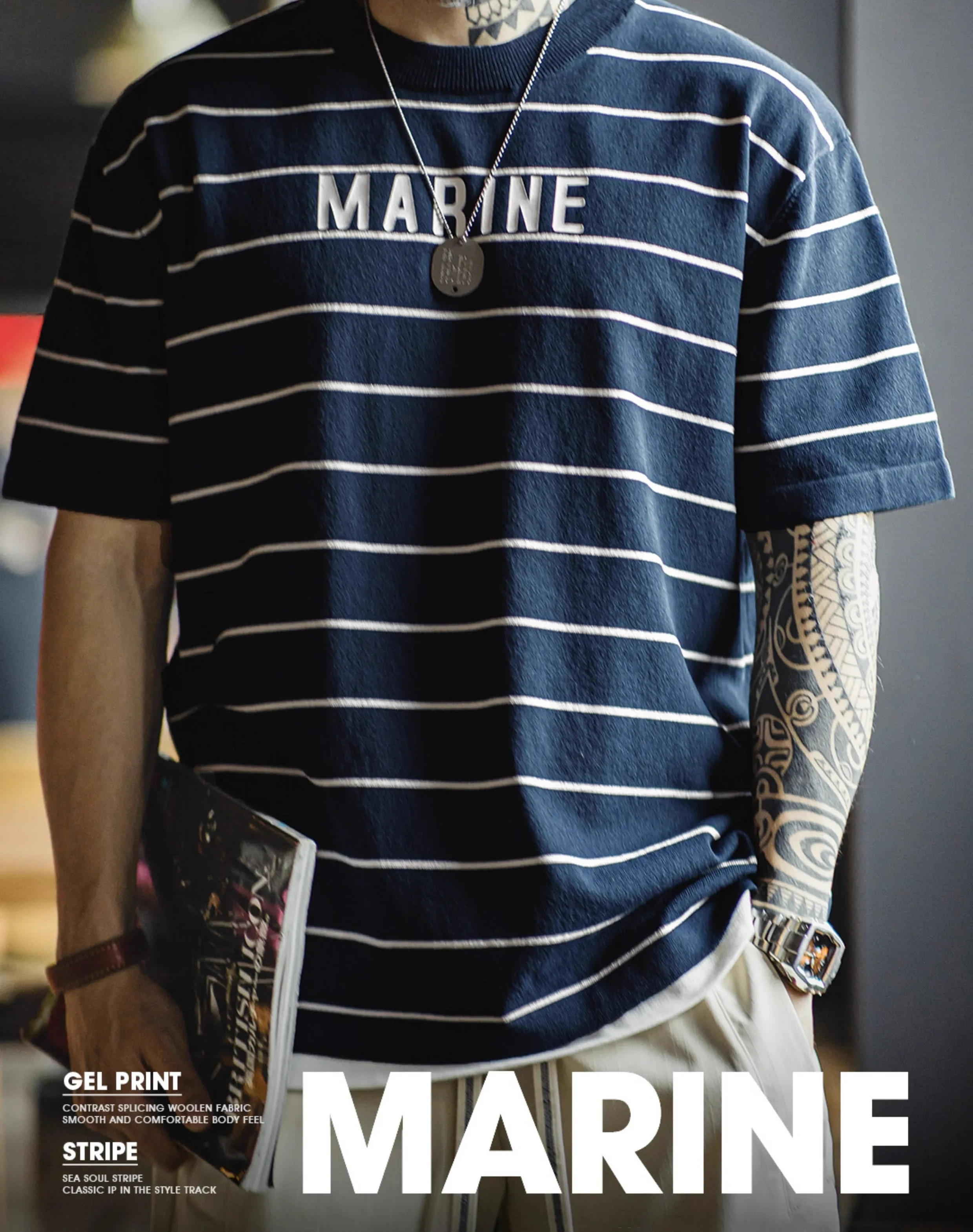 American Retro Contrast Letter Print Half-Sleeved Sailor Men's T-Shirt