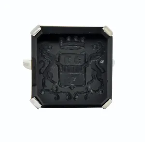 Art Deco 1930 Onyx Intaglio 14 Karat White Gold Heraldry Unisex Ring