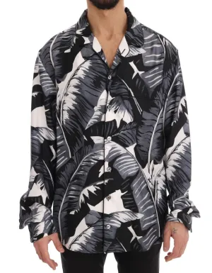 Black Gray Banana Leaf Print Casual Shirt