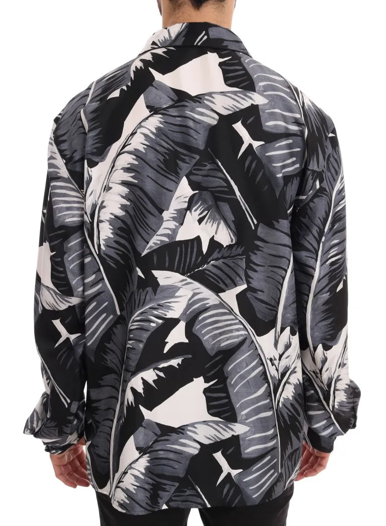 Black Gray Banana Leaf Print Casual Shirt