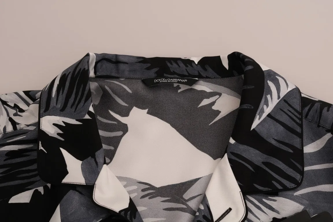 Black Gray Banana Leaf Print Casual Shirt