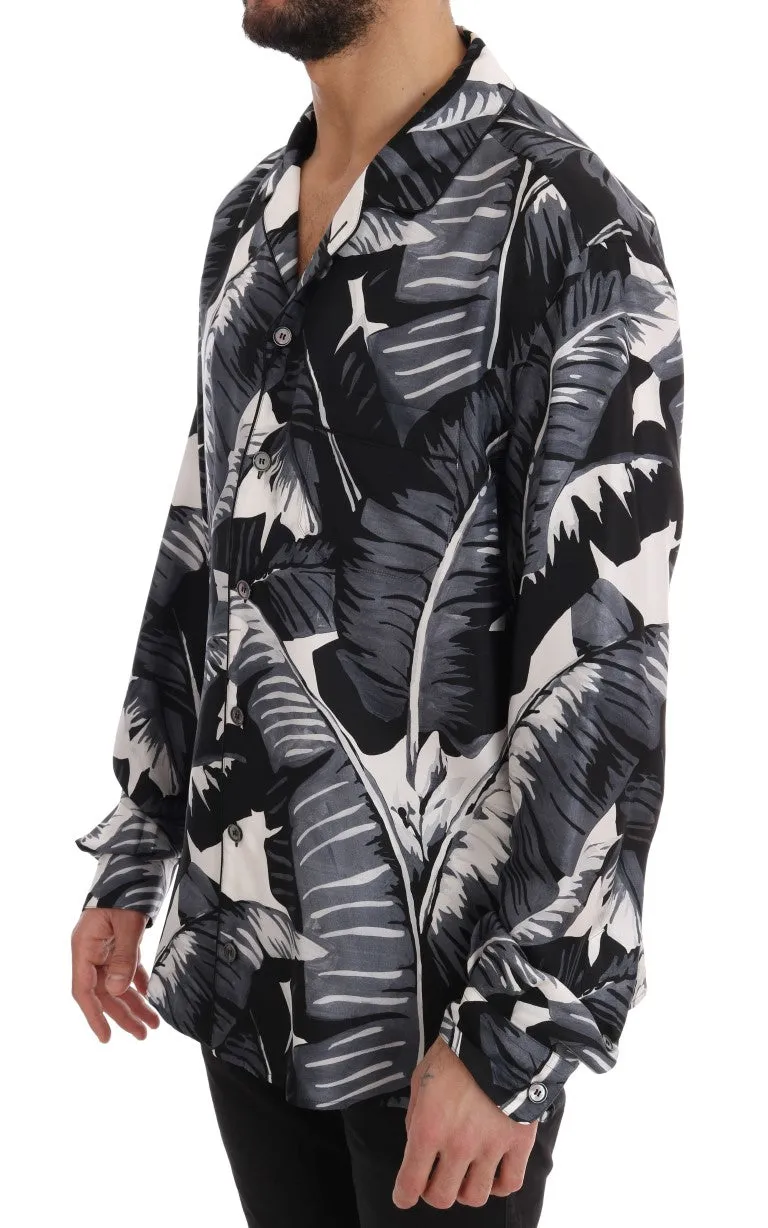 Black Gray Banana Leaf Print Casual Shirt