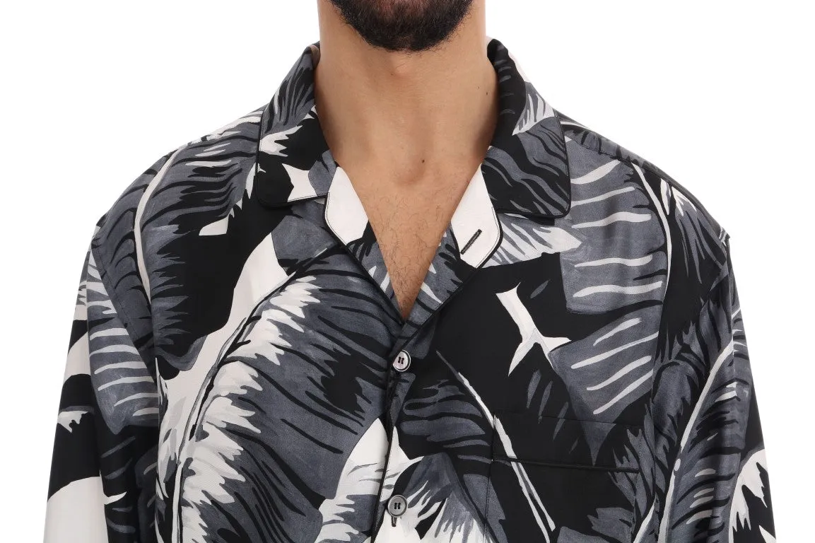 Black Gray Banana Leaf Print Casual Shirt