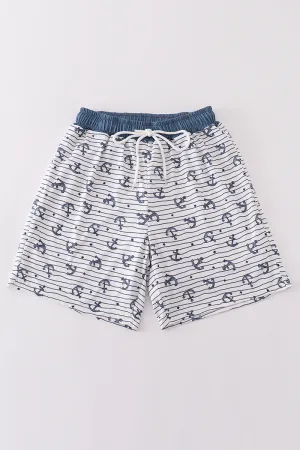 Blue Stripe Anchor Print Dad Swim Trunks