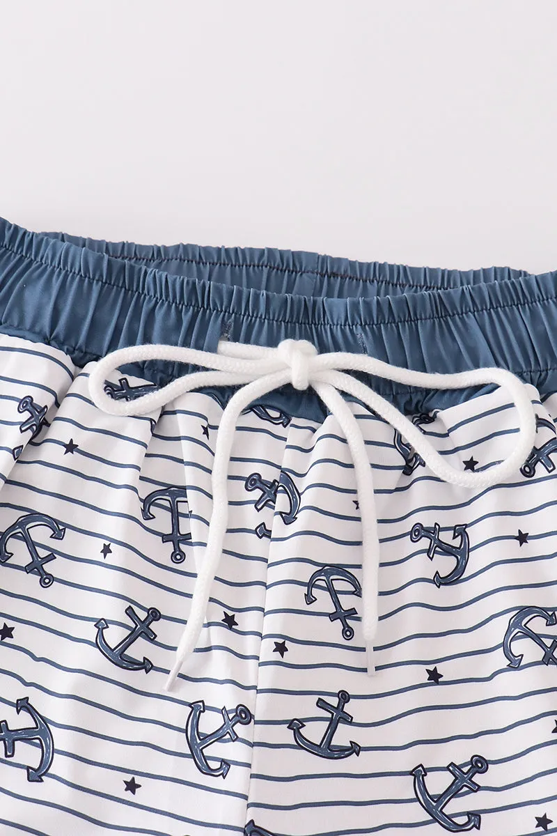 Blue Stripe Anchor Print Dad Swim Trunks