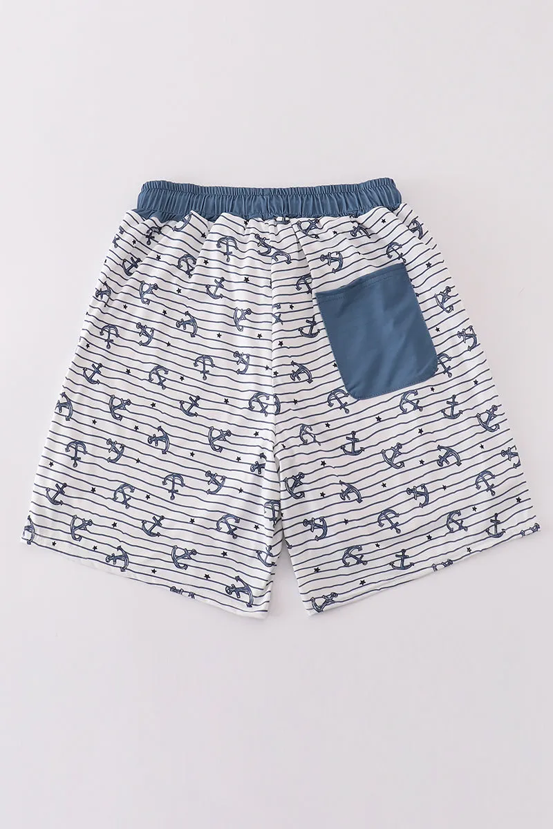 Blue Stripe Anchor Print Dad Swim Trunks