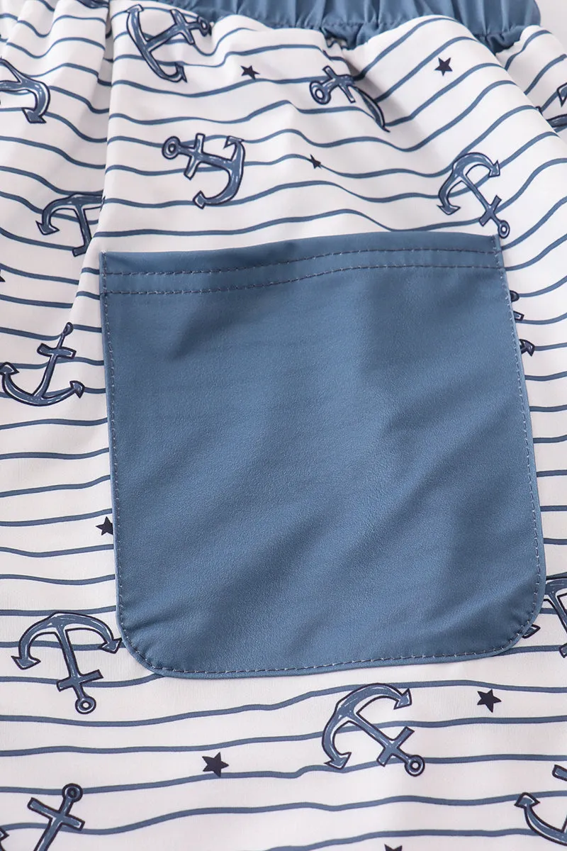 Blue Stripe Anchor Print Dad Swim Trunks