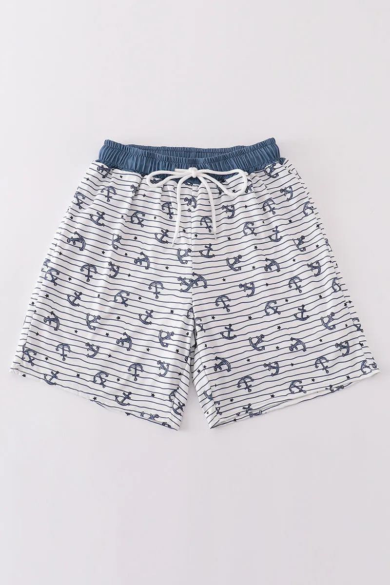 Blue Stripe Anchor Print Dad Swim Trunks
