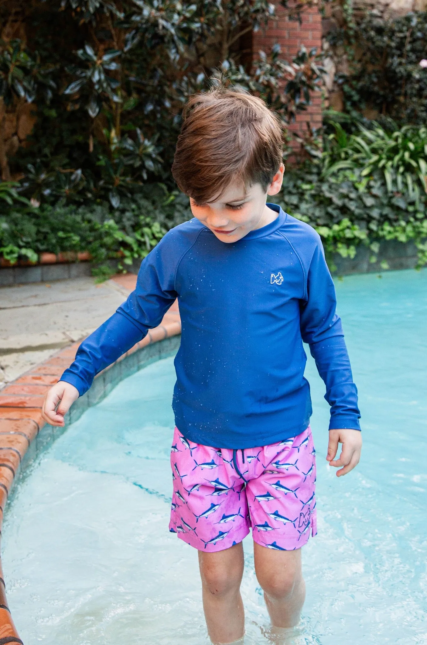 Boys Boogie Board Swim Trunk in Blue Marlin Print on Fuchsia Pink