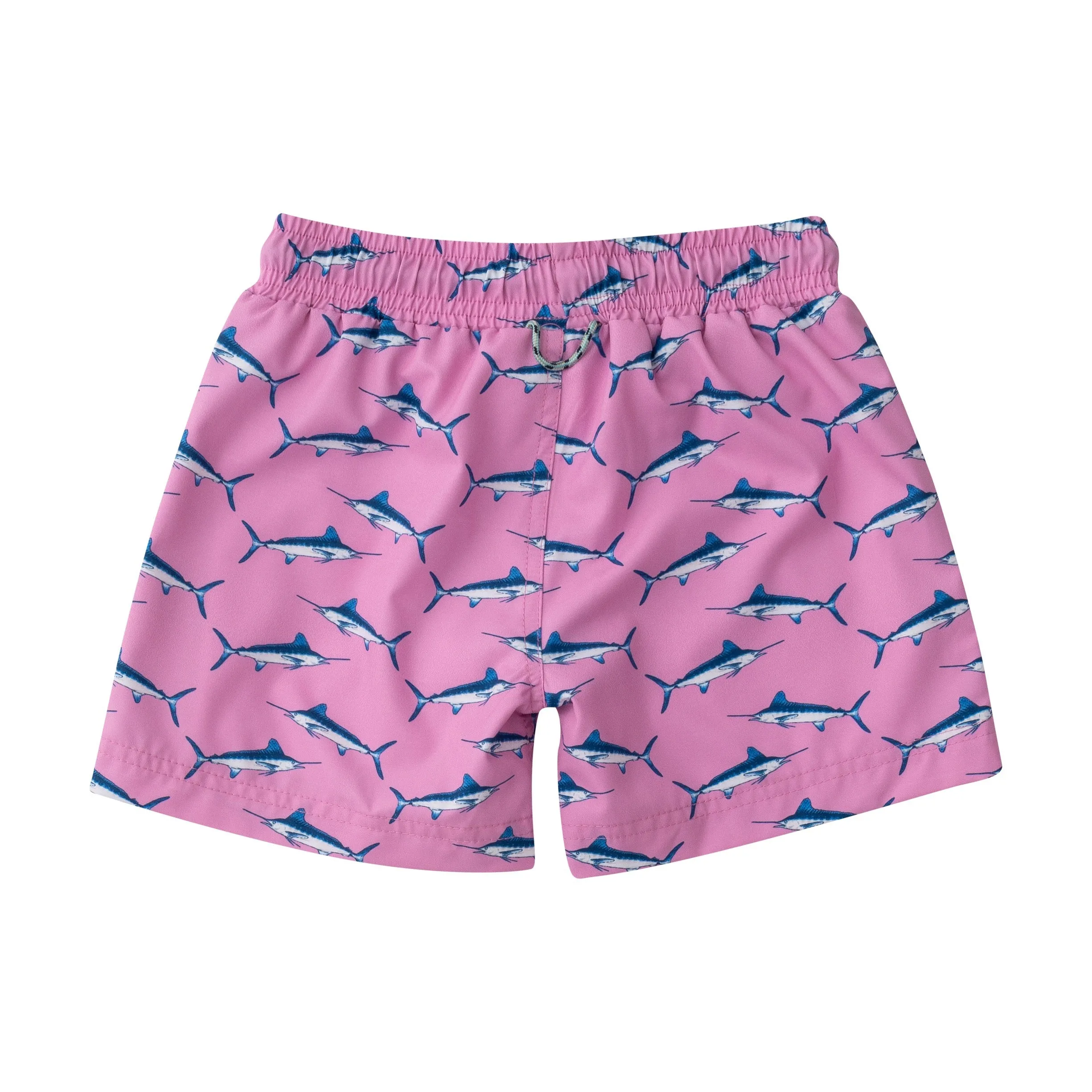 Boys Boogie Board Swim Trunk in Blue Marlin Print on Fuchsia Pink