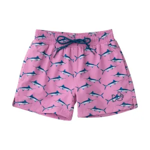 Boys Boogie Board Swim Trunk in Blue Marlin Print on Fuchsia Pink