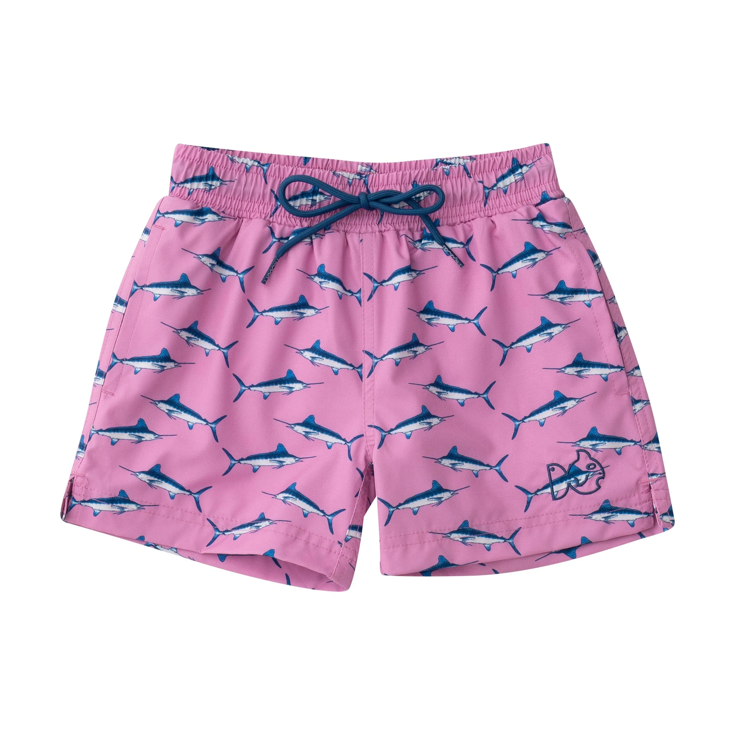 Boys Boogie Board Swim Trunk in Blue Marlin Print on Fuchsia Pink