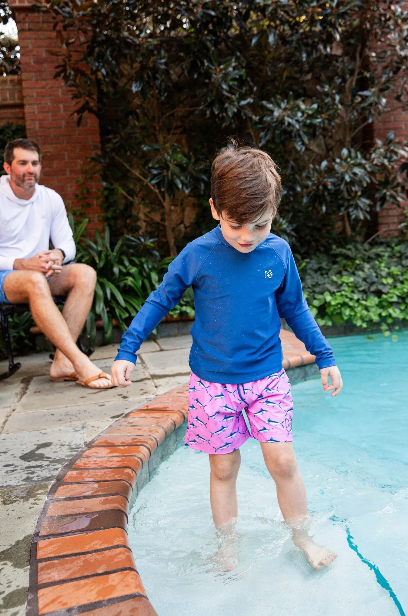 Boys Boogie Board Swim Trunk in Blue Marlin Print on Fuchsia Pink