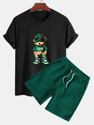 Buenaventura® | Trendy Bear Print Cotton T-Shirt & Drawstring Corduroy Shorts