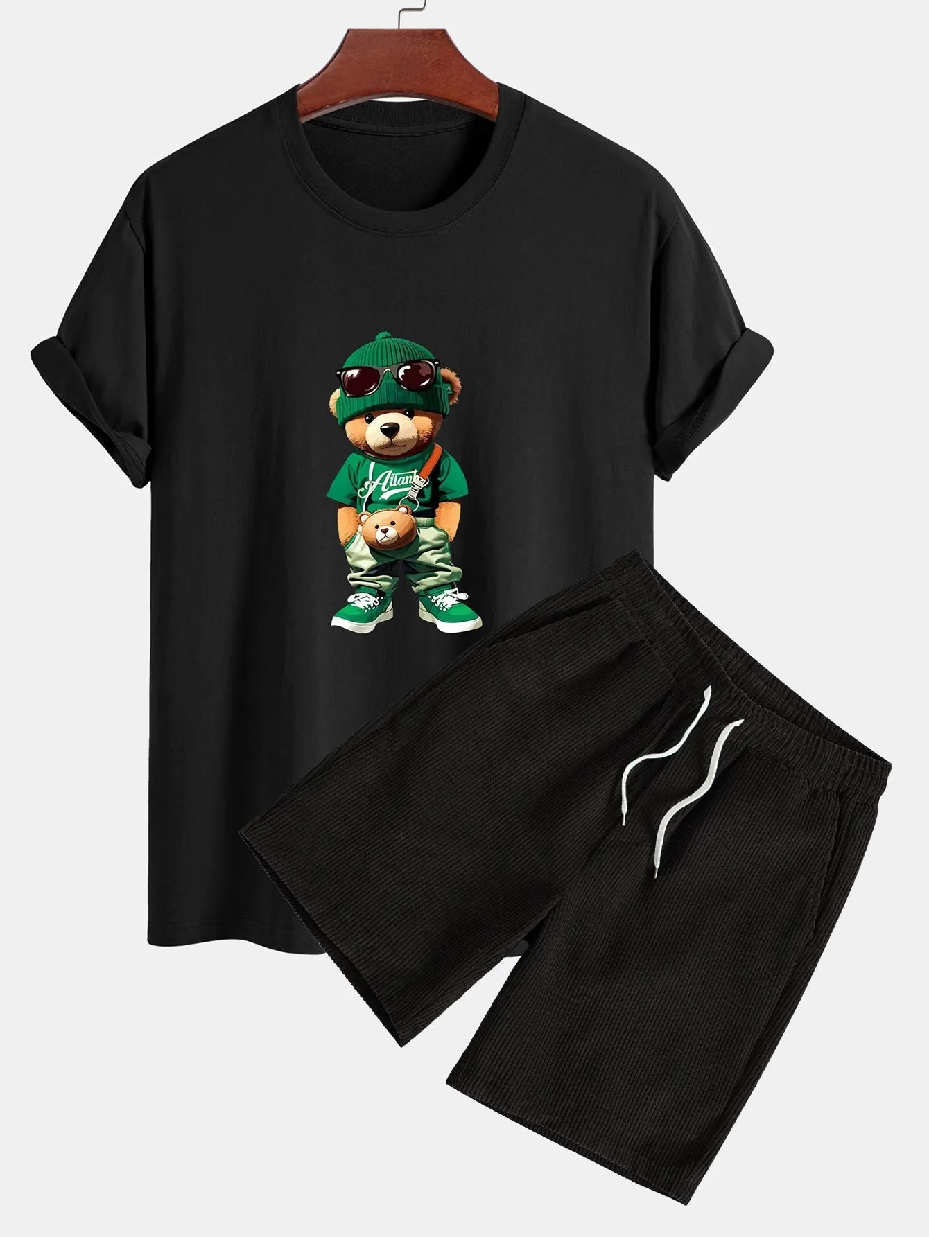 Buenaventura® | Trendy Bear Print Cotton T-Shirt & Drawstring Corduroy Shorts