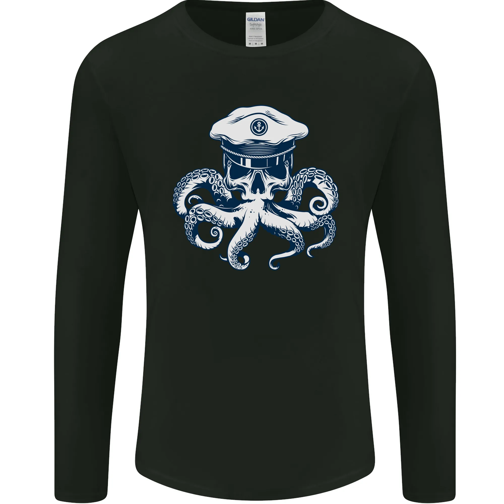 Captain Cthulhu Octopus Sailor Navy Boat Skull Mens Long Sleeve T-Shirt