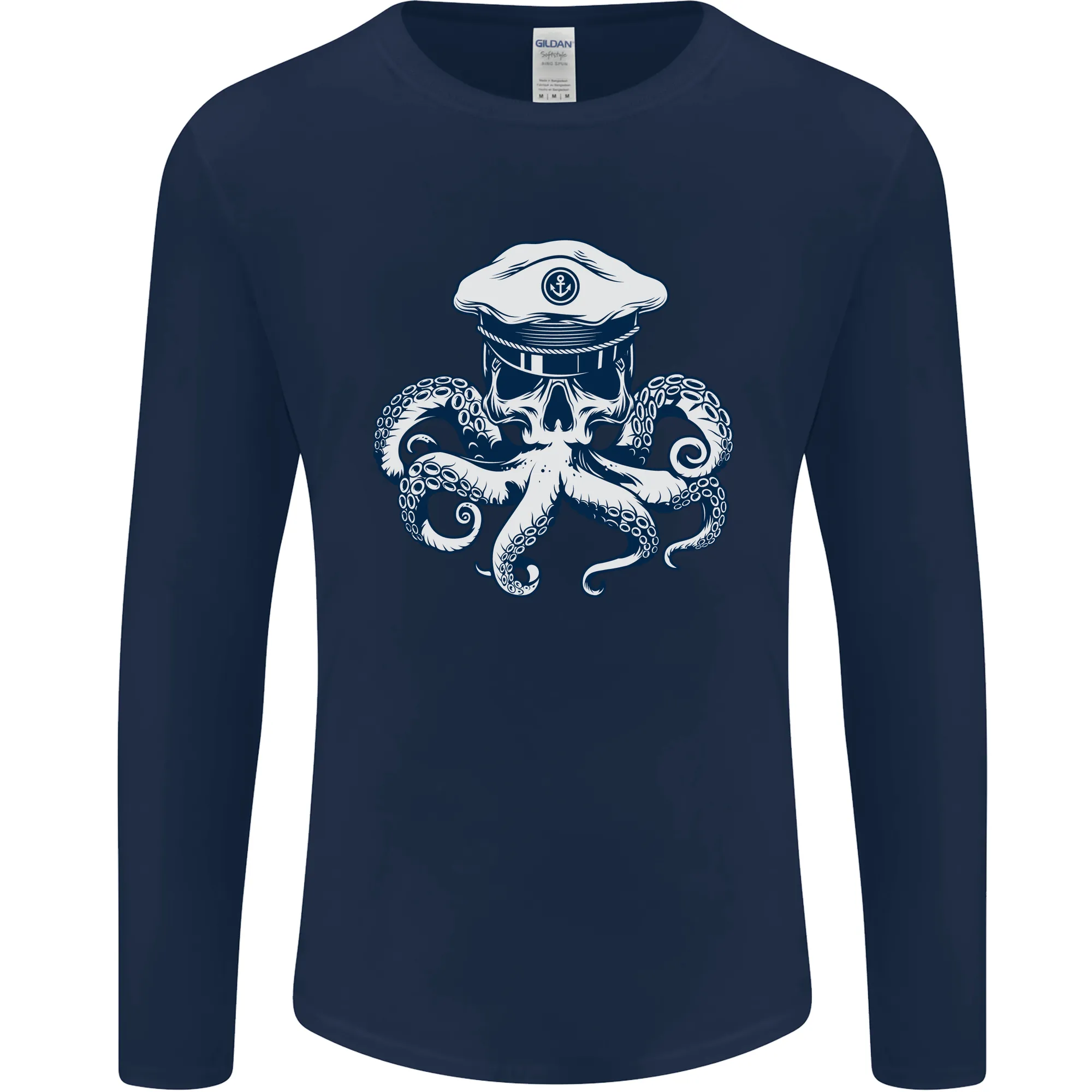 Captain Cthulhu Octopus Sailor Navy Boat Skull Mens Long Sleeve T-Shirt