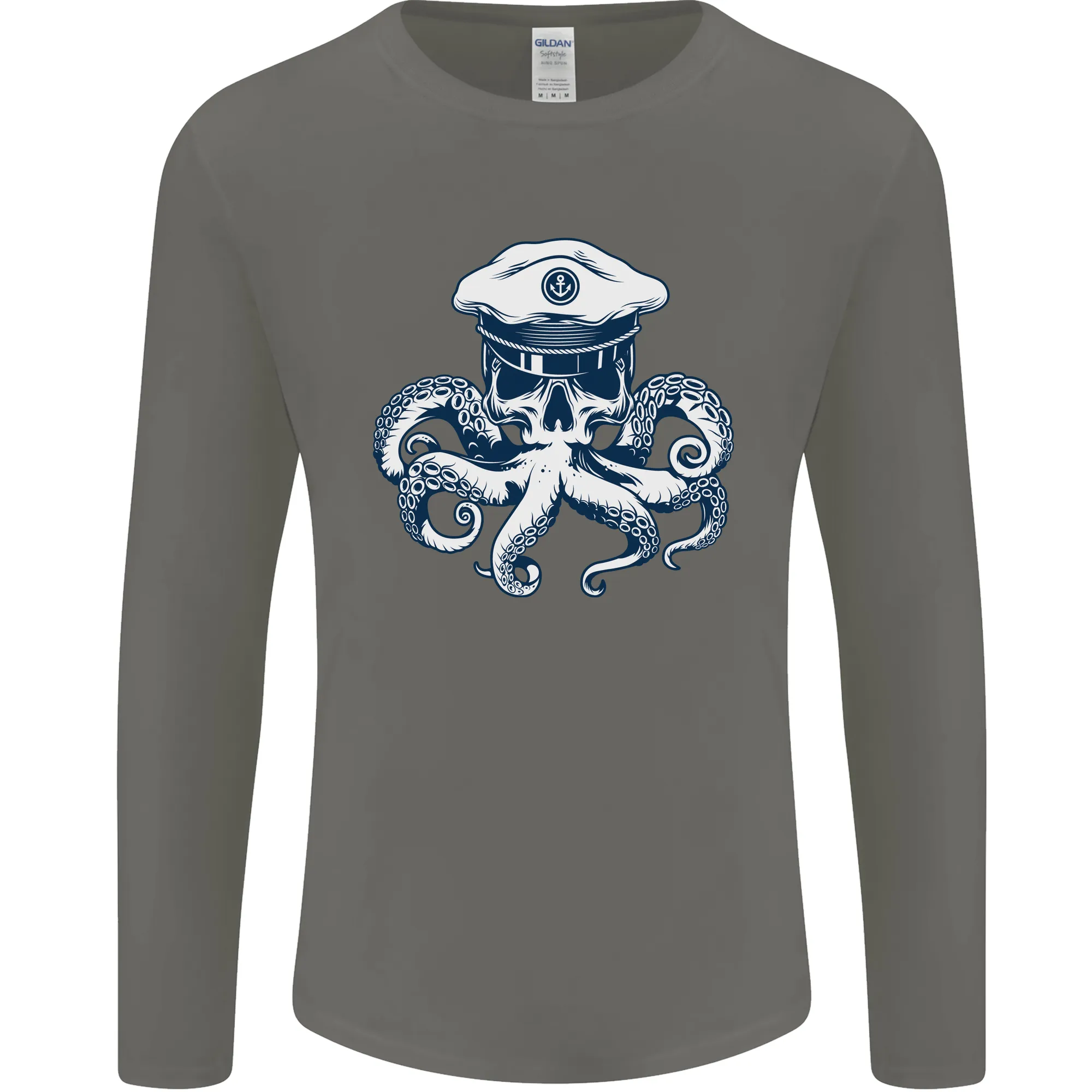 Captain Cthulhu Octopus Sailor Navy Boat Skull Mens Long Sleeve T-Shirt