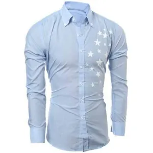 Casual Turn Down Collar Stars Printed Long Sleeve Shirt For Men - Light Blue M