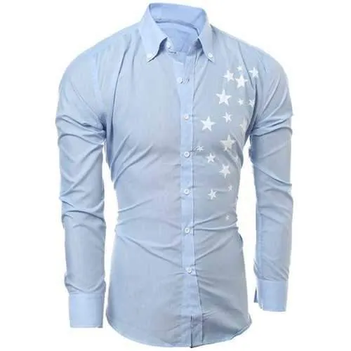 Casual Turn Down Collar Stars Printed Long Sleeve Shirt For Men - Light Blue M
