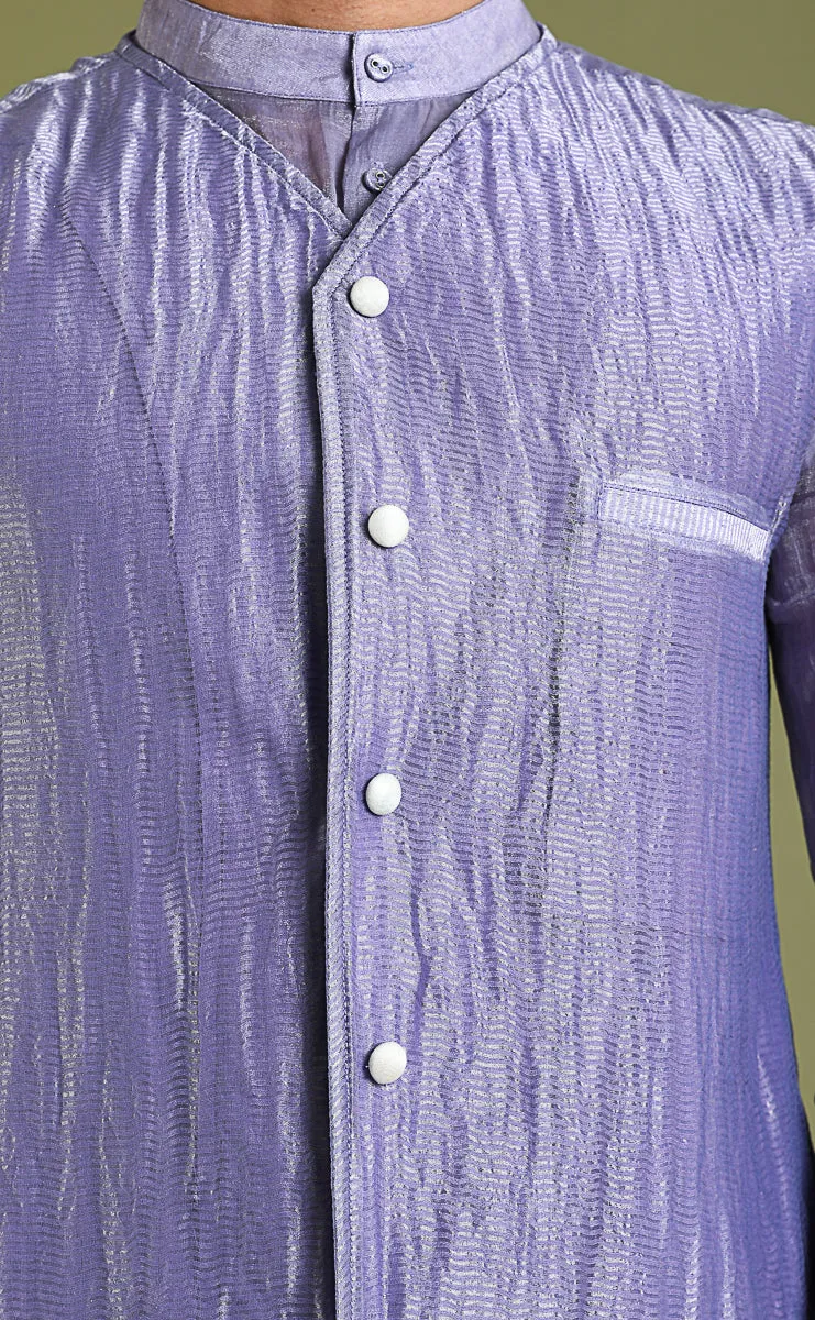 Chanderi Tissue Shirt Kurta, Jacket in Silver Stripes Chanderi & Cotton Pants in Lavender & White