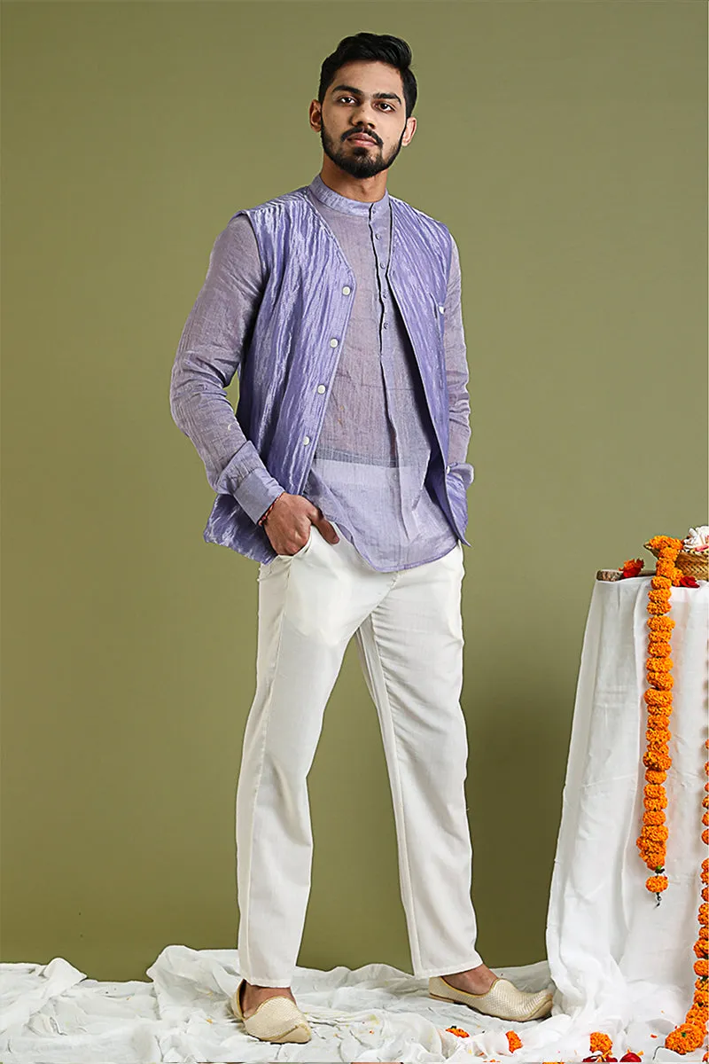 Chanderi Tissue Shirt Kurta, Jacket in Silver Stripes Chanderi & Cotton Pants in Lavender & White