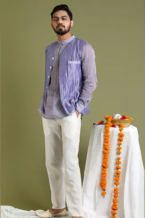 Chanderi Tissue Shirt Kurta, Jacket in Silver Stripes Chanderi & Cotton Pants in Lavender & White