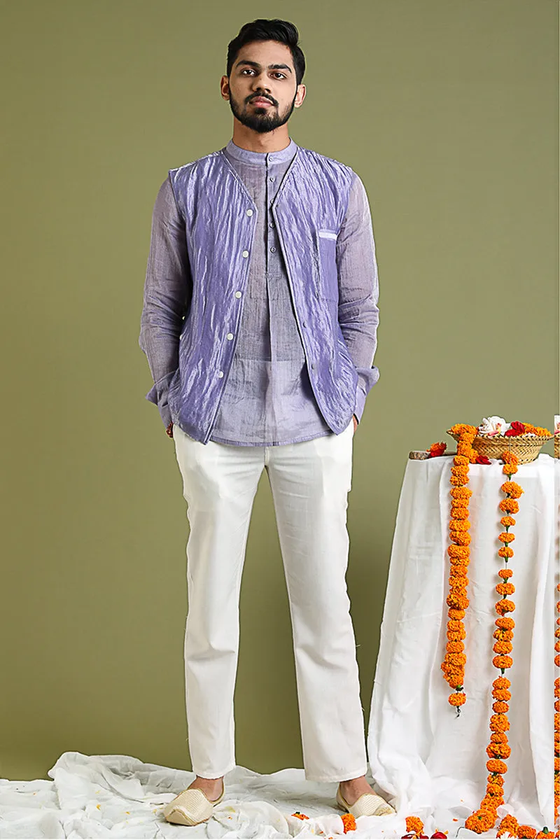 Chanderi Tissue Shirt Kurta, Jacket in Silver Stripes Chanderi & Cotton Pants in Lavender & White