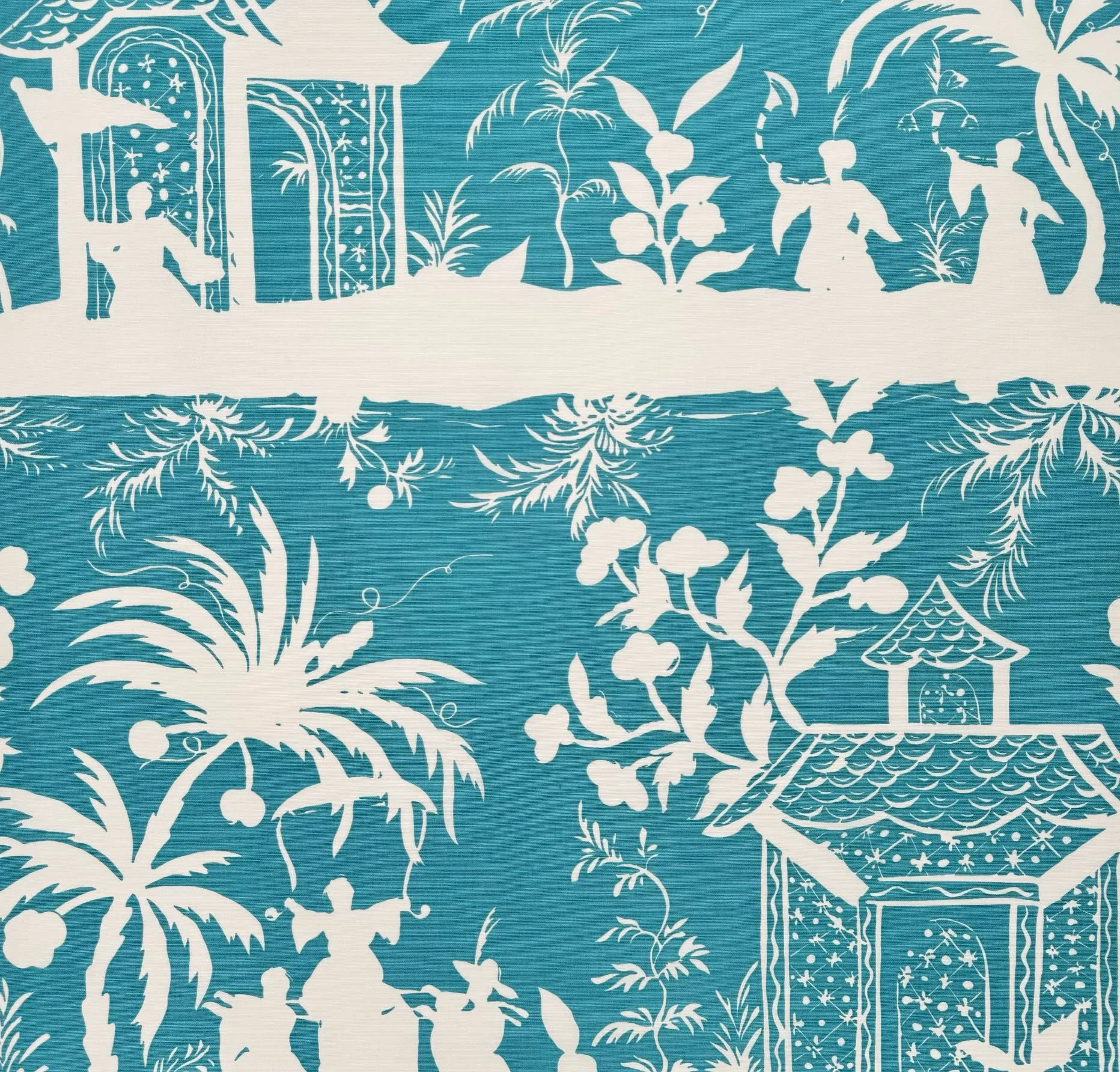 China Seas Fabric: Lyford Background - Custom Turquoise on White Belgian Linen / Cotton