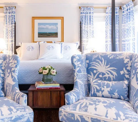 China Seas Fabric: Lyford Background - Custom Turquoise on White Belgian Linen / Cotton