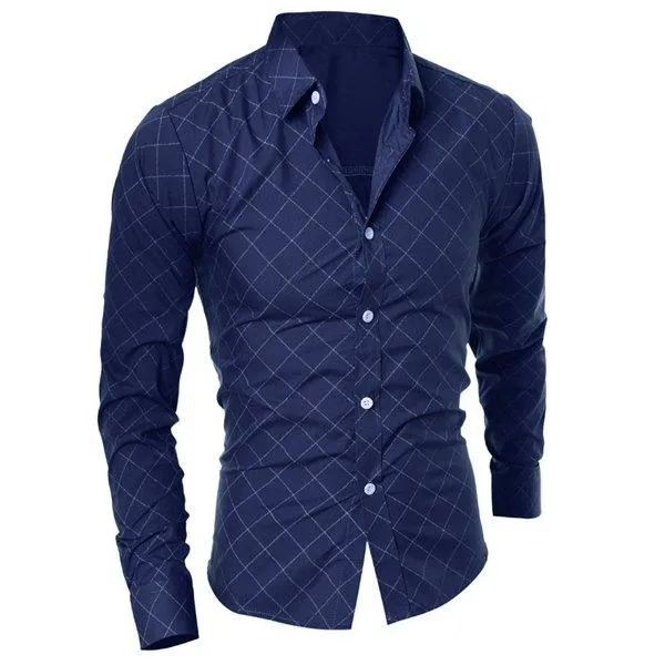 Classical Turn-Down Collar Long Sleeve Slimming Argyle Print Men's Shirt - Blue M