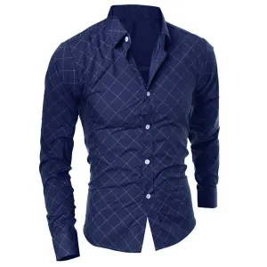 Classical Turn-Down Collar Long Sleeve Slimming Argyle Print Men's Shirt - Blue M