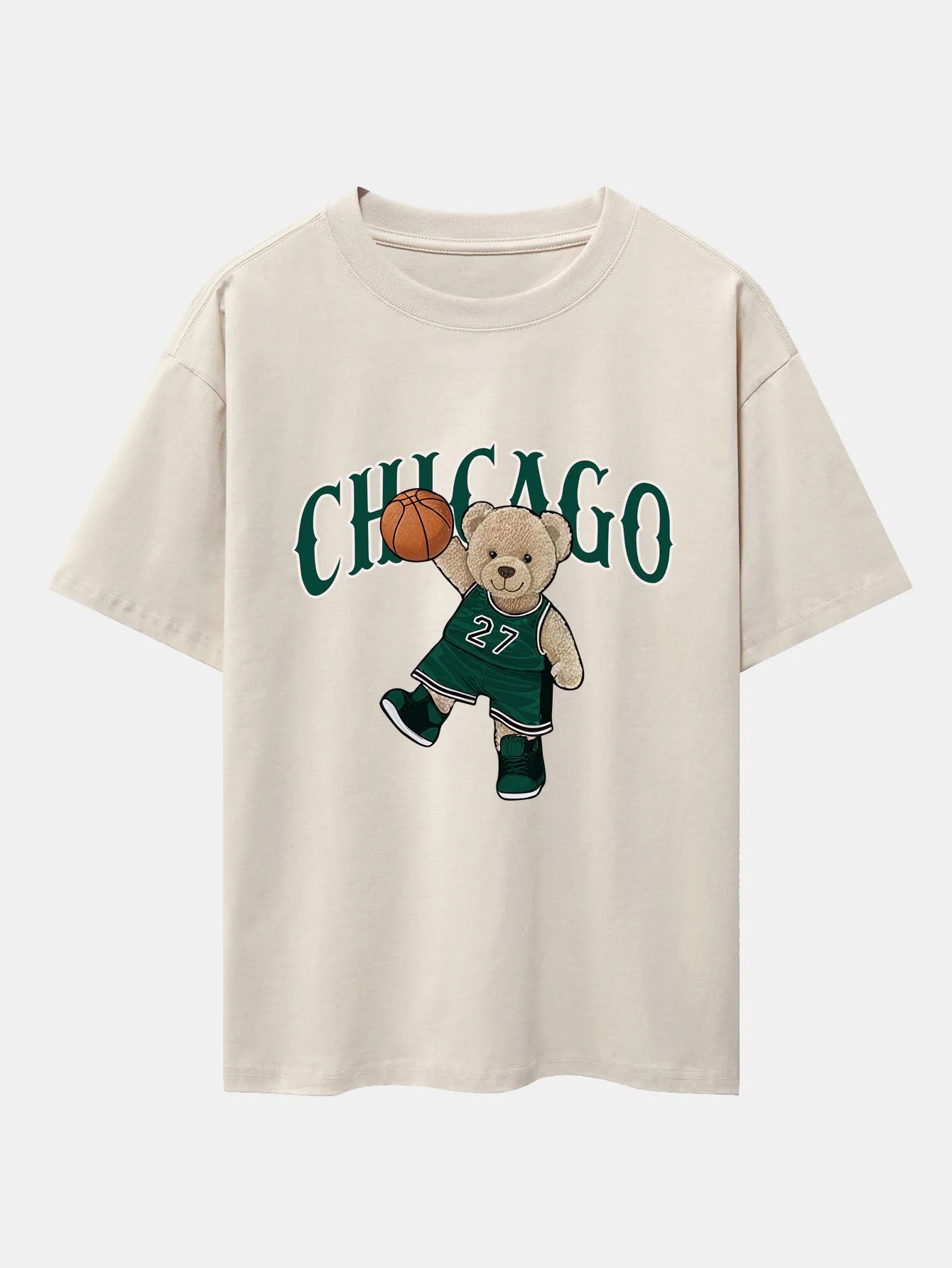 Erasto® | Chicago Basketball Bear Print Drop Shoulder Oversize T-Shirt & Drawstring Corduroy Shorts