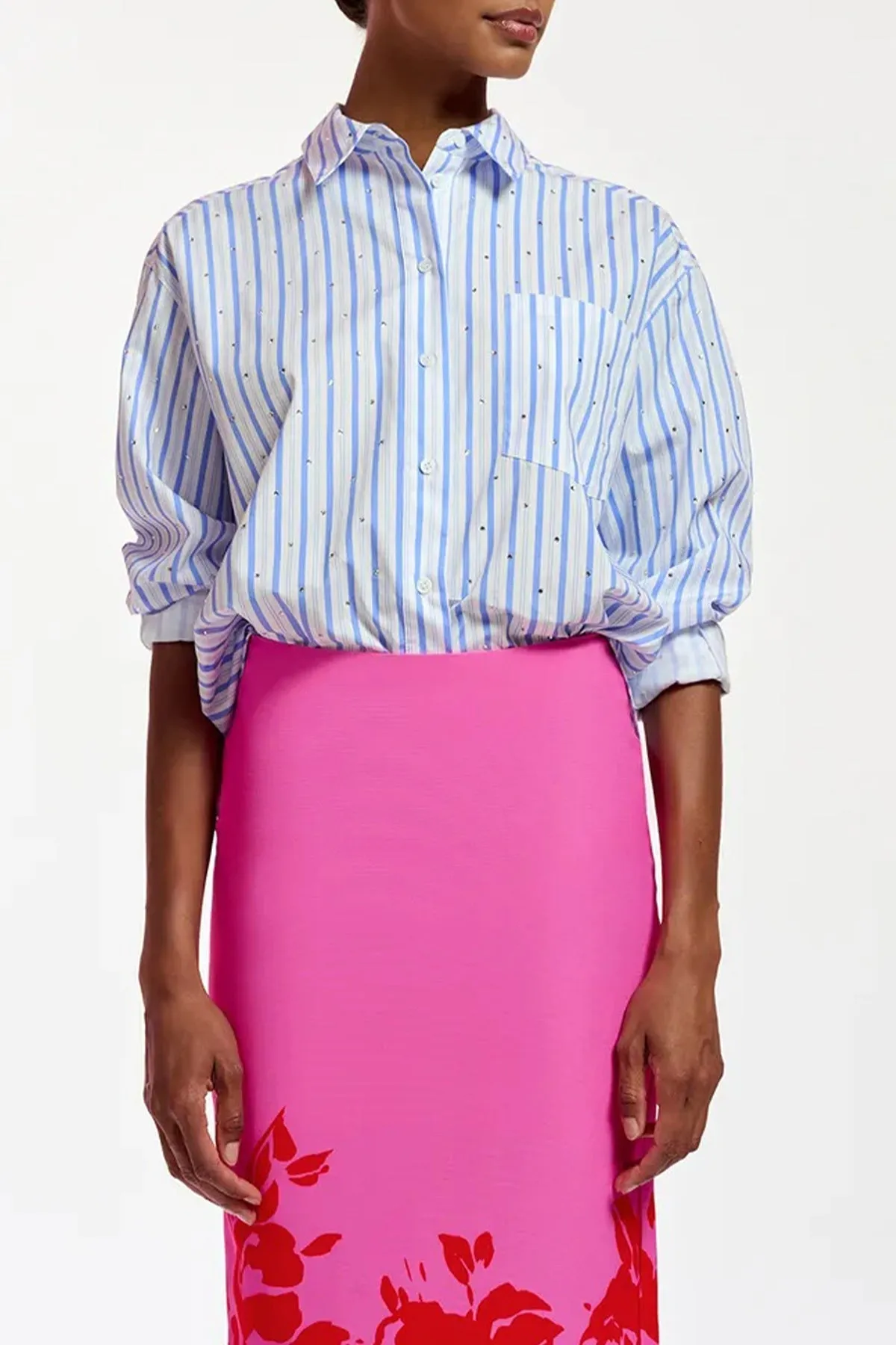 Fevertree Cotton Embellished Shirt in White Blue Striped