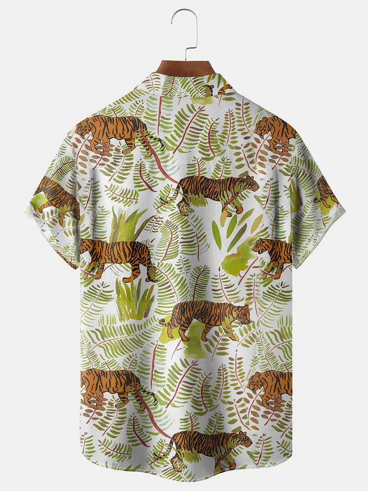 Fydude Men'S Hawaii Island Leaf Tiger Printed Shirt