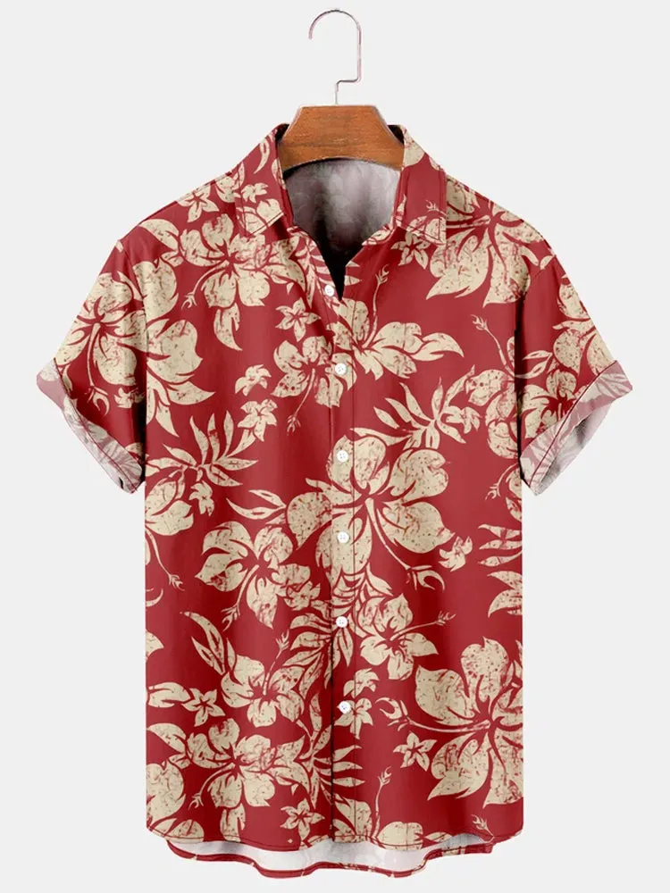 Fydude Men'S Hawaiian Plant Flower Leaf  Printed Shirt