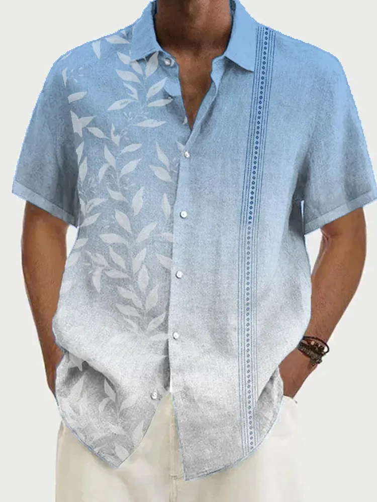 Fydude Men'S Leaf Print Cotton Linen Shirt
