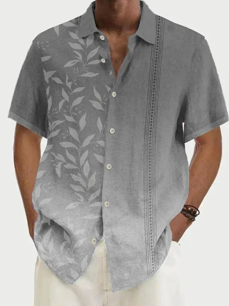 Fydude Men'S Leaf Print Cotton Linen Shirt