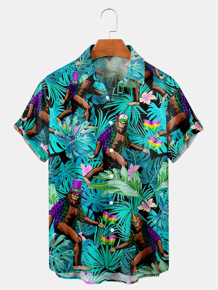 Fydude Men'S Mardi Gras Hawaiian Leaf And Ape Print Short Sleeve Shirt