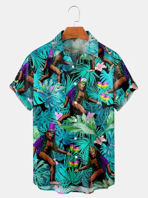 Fydude Men'S Mardi Gras Hawaiian Leaf And Ape Print Short Sleeve Shirt