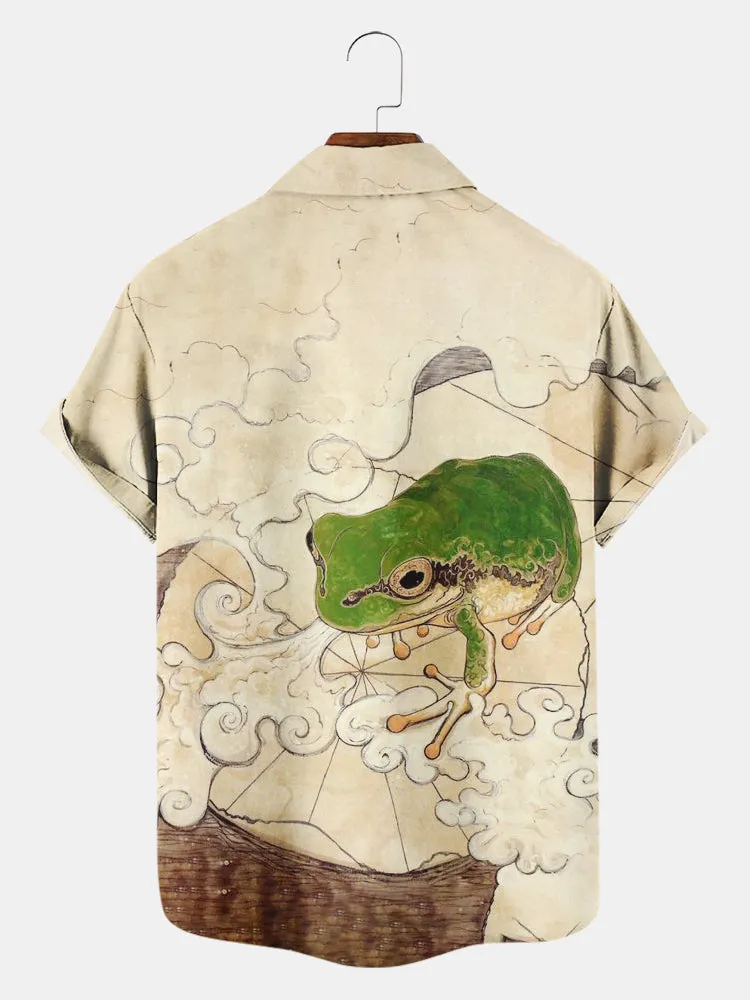 Fydude Men'S Ukiyoe Frog On Lotus Leaf Printed Shirt