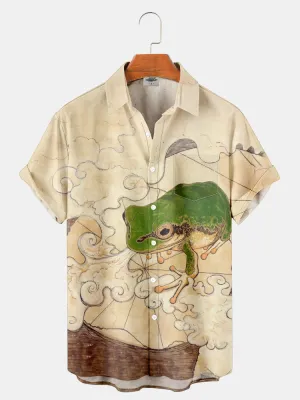 Fydude Men'S Ukiyoe Frog On Lotus Leaf Printed Shirt