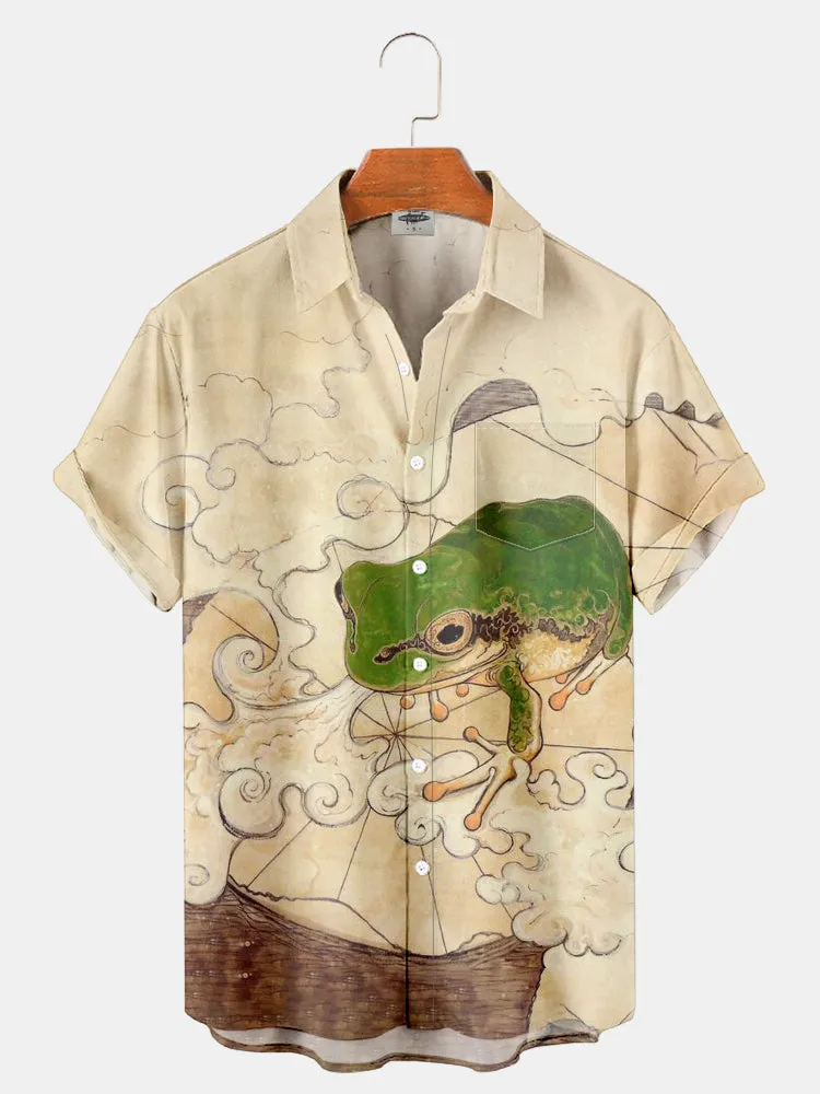 Fydude Men'S Ukiyoe Frog On Lotus Leaf Printed Shirt