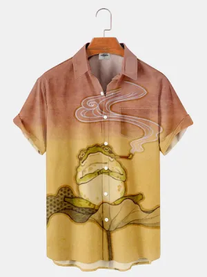 Fydude Men'S Ukiyoe Frog On Lotus Leaf Printed Shirt