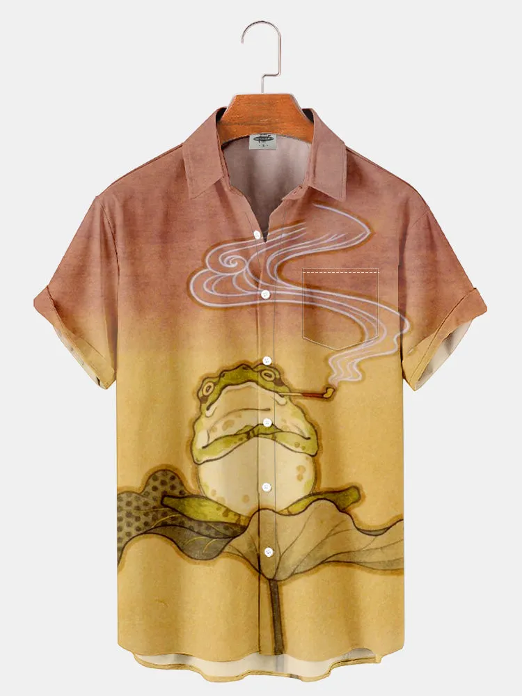 Fydude Men'S Ukiyoe Frog On Lotus Leaf Printed Shirt