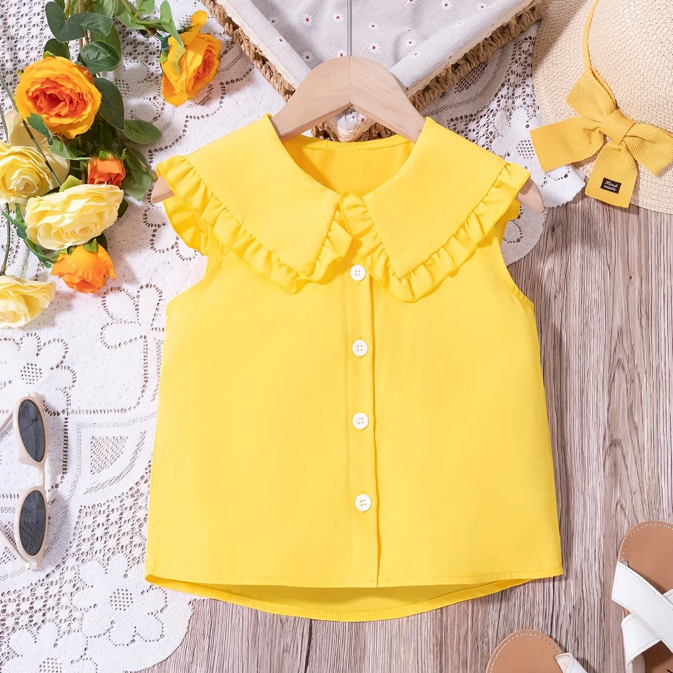Girls Sweet Sailor Collar Sleeveless Shirt Button Up Solid Cute Summer Shirt Tops Girls Clothing