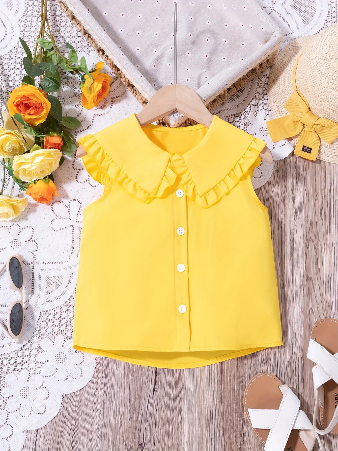 Girls Sweet Sailor Collar Sleeveless Shirt Button Up Solid Cute Summer Shirt Tops Girls Clothing
