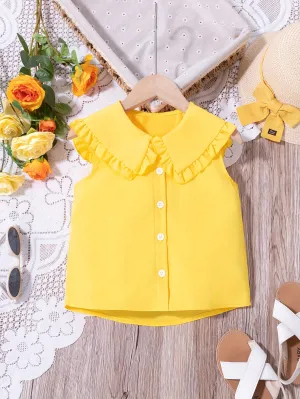 Girls Sweet Sailor Collar Sleeveless Shirt Button Up Solid Cute Summer Shirt Tops Girls Clothing
